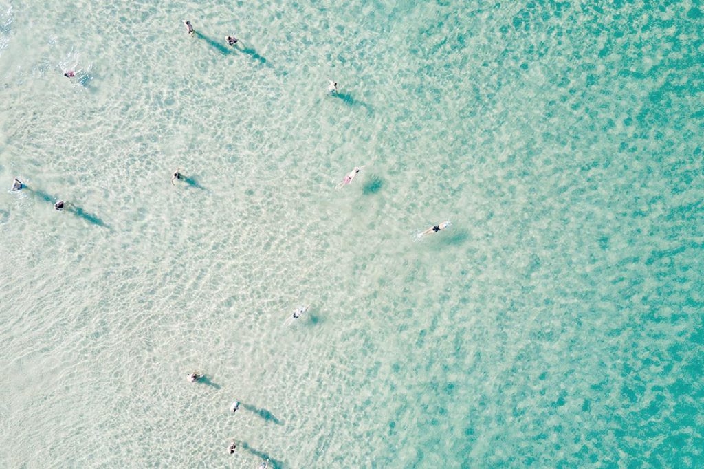 aerial view swimmers in clear water