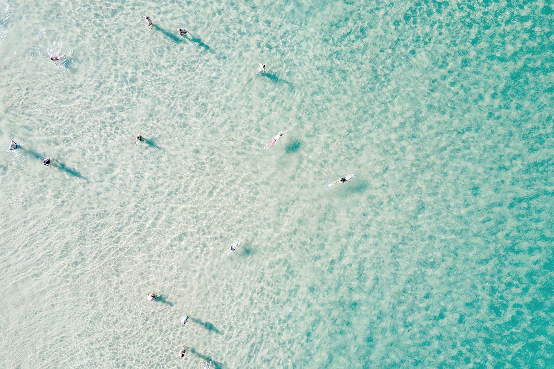 aerial view swimmers in clear water